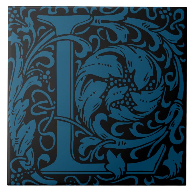 William Morris Blue Monogrammed Letter L Tile (Front)