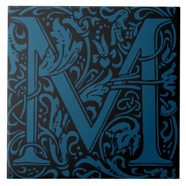 William Morris Blue Monogrammed Letter M Tile (Front)