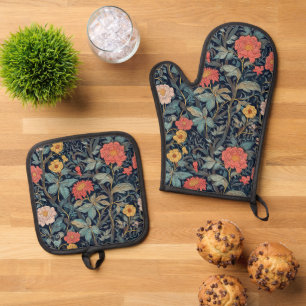 William Morris Blue Teal Arts & Crafts Floral Oven Mitt & Pot Holder Set