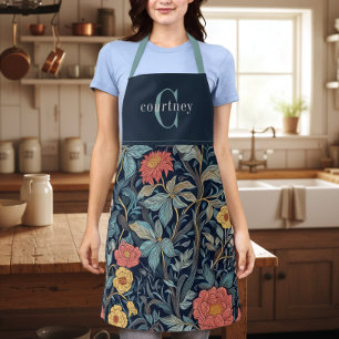 William Morris Blue Teal Floral Monogram Apron