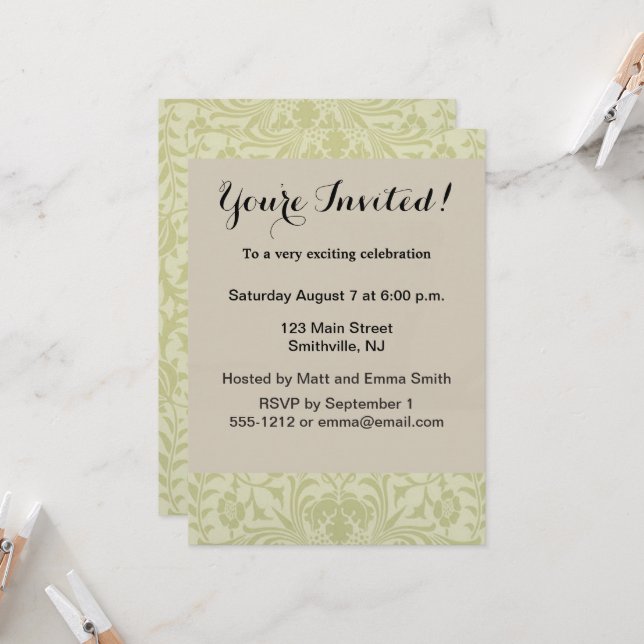 William Morris Borage vintage soft green damask Invitation (Front/Back In Situ)