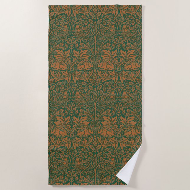 William Morris Brother Rabbit Amber Black Pattern Beach Towel (Front)