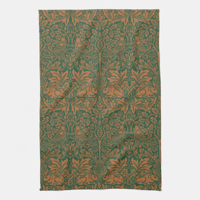 William Morris Brother Rabbit Amber Black Pattern Tea Towel (Vertical)