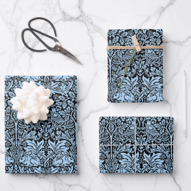 William Morris Brother Rabbit Light Blue Black Wrapping Paper Sheet (Front)