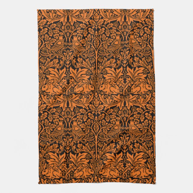 William Morris Brother Rabbit Rust Black Pattern Tea Towel (Vertical)