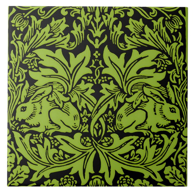 William Morris Brother Rabbit Sage Green Black Tile (Front)