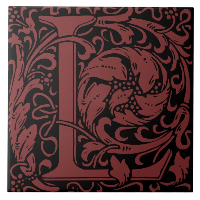 William Morris Burgundy Monogrammed Letter L Tile (Front)