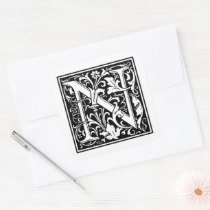 William Morris Capital Letter N on White Square Sticker