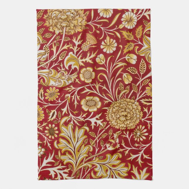 William Morris Cherwell Floral Pattern Red Tea Towel (Vertical)