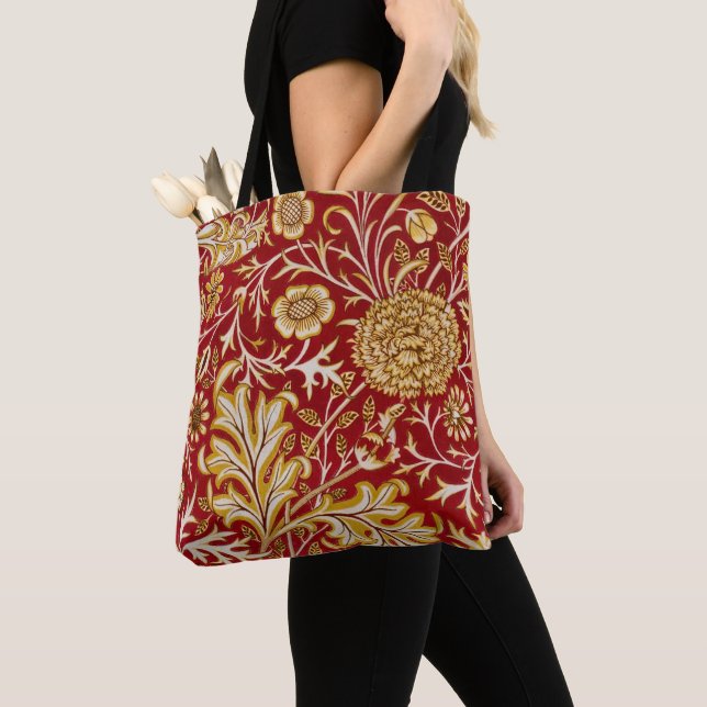 William Morris Cherwell Floral Pattern Red Tote Bag (Close Up)