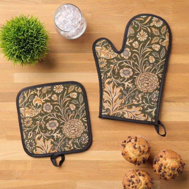 William Morris Cherwell Wallpaper Pattern Oven Mitt & Pot Holder Set (Top Down)