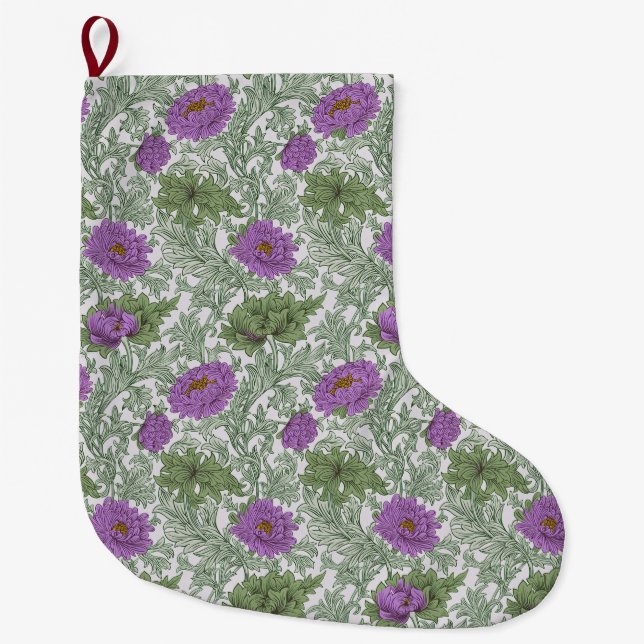 William Morris Chrysanthemum Floral Purple Green Large Christmas Stocking (Front)