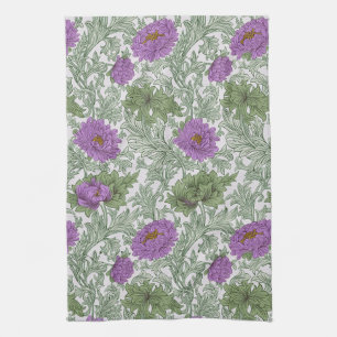 William Morris Chrysanthemum Floral Purple Green Tea Towel
