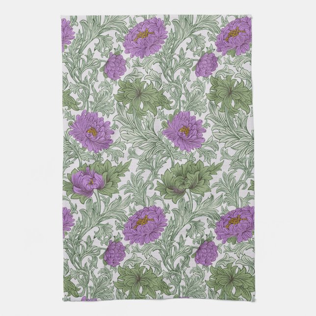 William Morris Chrysanthemum Floral Purple Green Tea Towel (Vertical)