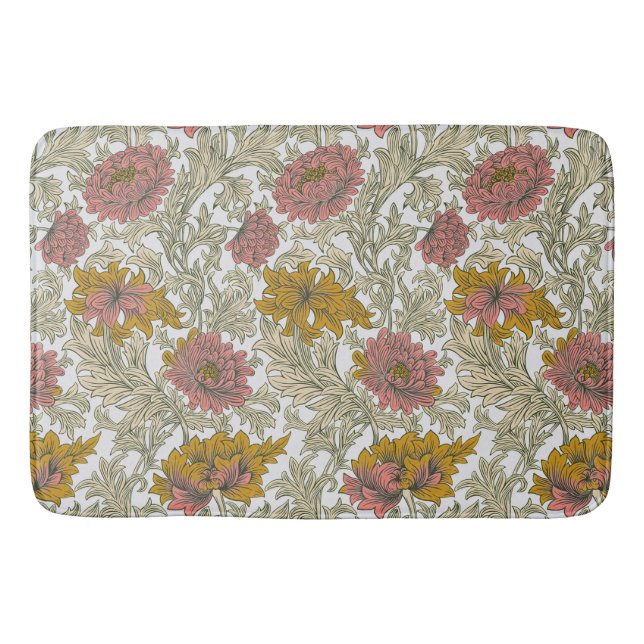 William Morris Chrysanthemum Floral Red Golden Bath Mat (Front)