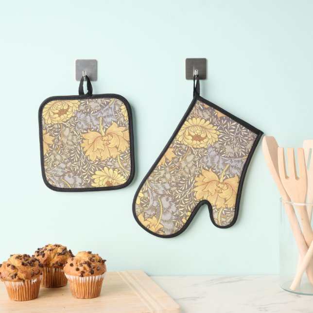 William Morris Chrysanthemum Mum Flowers Oven Mitt & Pot Holder Set (Insitu(Hanging))
