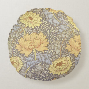 William Morris Chrysanthemum Mum Flowers Round Cushion