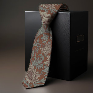 William Morris Chrysanthemum Pattern Teal Brown Tie