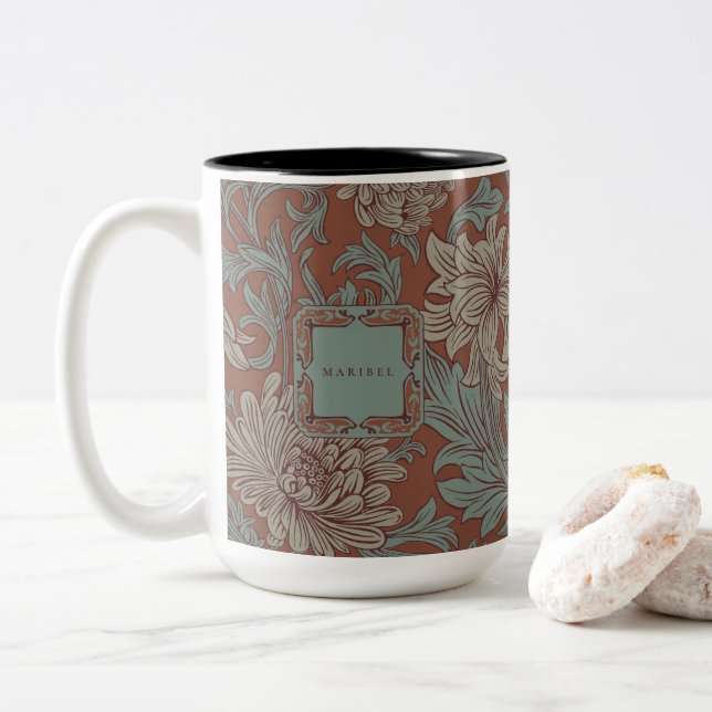 William Morris Chrysanthemum Pattern Two-Tone Coff Two-Tone Coffee Mug (With Donut)