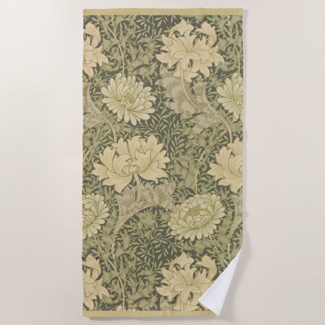 William Morris Chrysanthemum Sage Flower Beach Towel (Front)