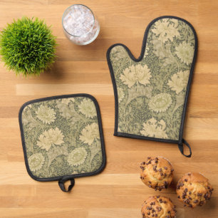 William Morris Chrysanthemum Sage Flower Oven Mitt & Pot Holder Set