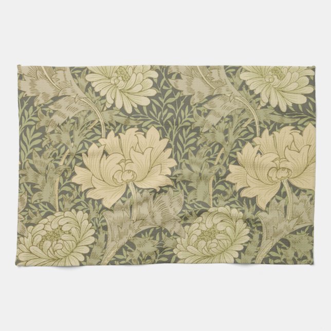 William Morris Chrysanthemum Sage Flower Tea Towel (Horizontal)