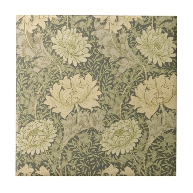 William Morris Chrysanthemum Sage Flower Tile (Front)