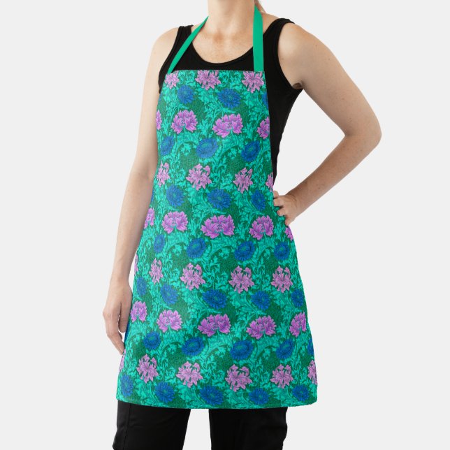 William Morris Chrysanthemums, Aqua and Violet  Apron (Insitu)
