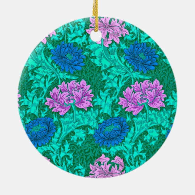 William Morris Chrysanthemums, Aqua and Violet  Ce Ceramic Tree Decoration (Back)