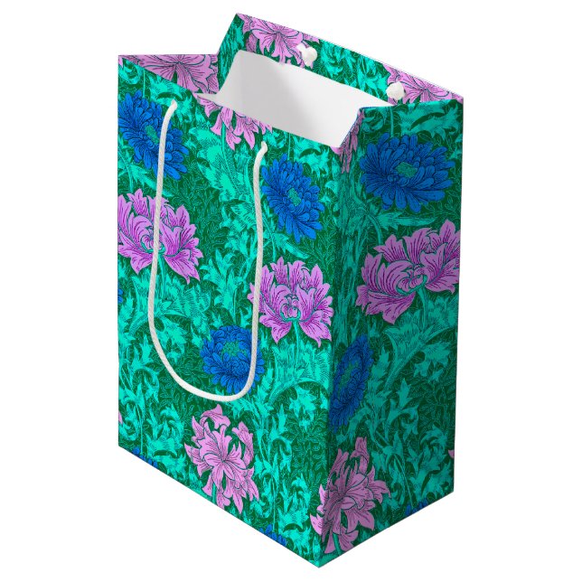 William Morris Chrysanthemums, Aqua and Violet Medium Gift Bag (Front Angled)