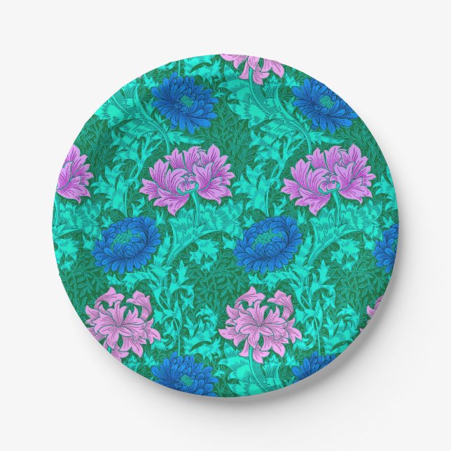 William Morris Chrysanthemums, Aqua and Violet Paper Plate (Front)