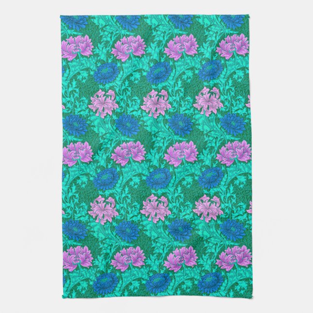 William Morris Chrysanthemums, Aqua and Violet  Tea Towel (Vertical)