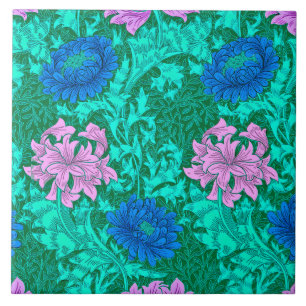 William Morris Chrysanthemums, Aqua and Violet Tile
