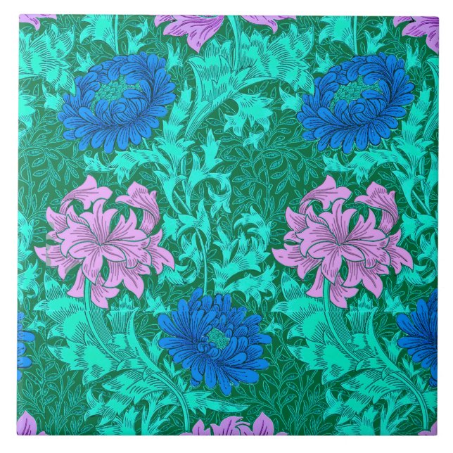William Morris Chrysanthemums, Aqua and Violet Tile (Front)