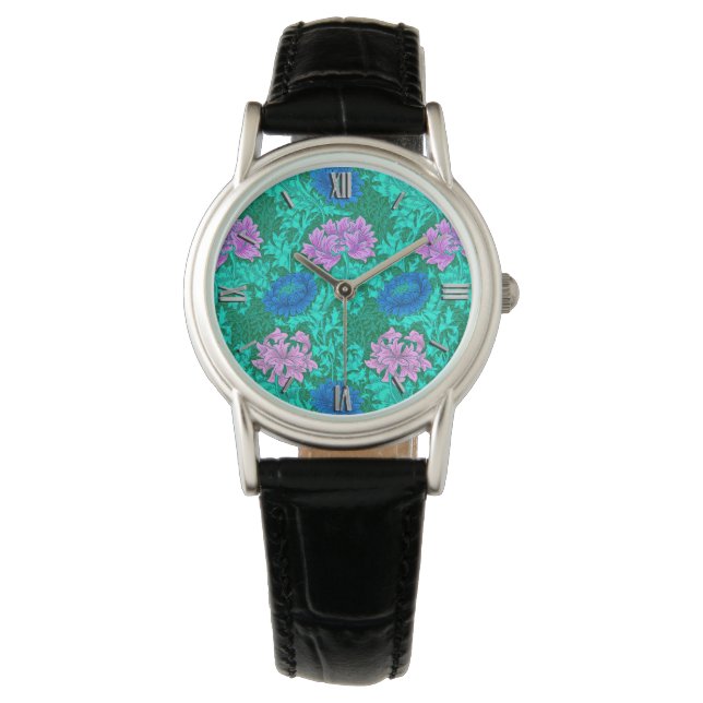 William Morris Chrysanthemums, Aqua and Violet Watch (Front)