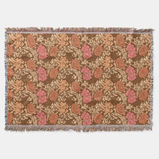 William Morris Chrysanthemums, Brown and Rust Throw Blanket (Front)
