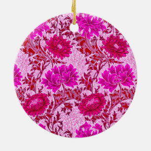 William Morris Chrysanthemums, Burgundy and Pink Ceramic Tree Decoration