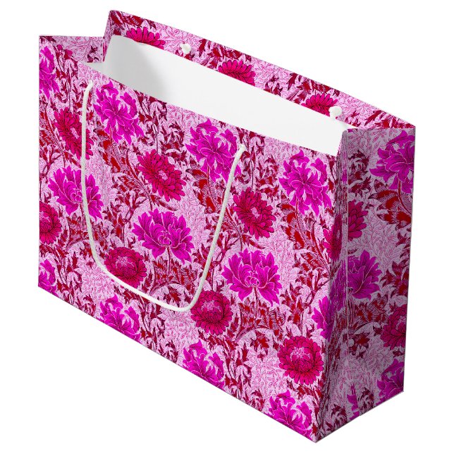 William Morris Chrysanthemums, Burgundy and Pink Large Gift Bag (Front Angled)