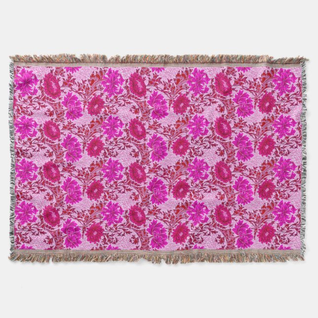 William Morris Chrysanthemums, Burgundy and Pink Throw Blanket (Front)