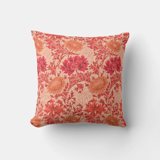 William Morris Chrysanthemums, Coral Orange Outdoor Cushion (Front)