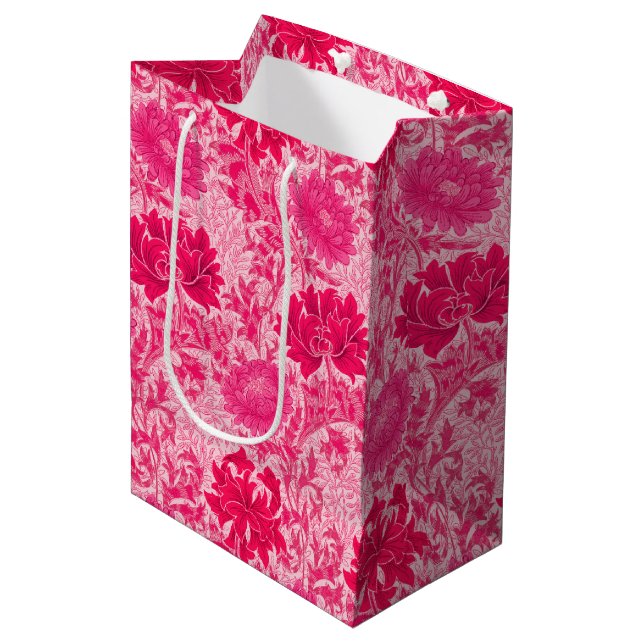 William Morris Chrysanthemums, Fuchsia Pink Medium Gift Bag (Front Angled)