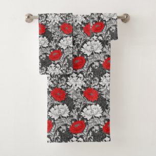 William Morris Chrysanthemums, Gray and Red Bath Towel Set
