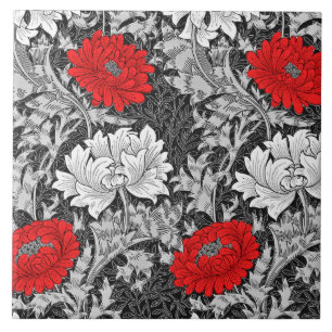 William Morris Chrysanthemums, Gray and Red Tile