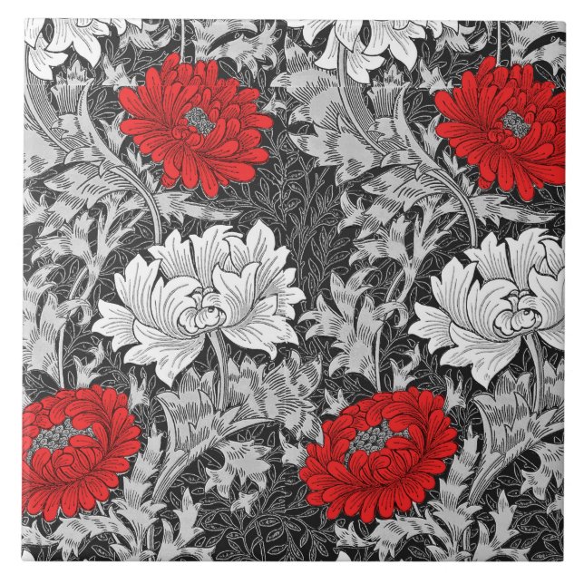 William Morris Chrysanthemums, Gray and Red Tile (Front)