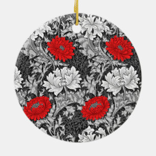 William Morris Chrysanthemums, Grey and Red Cerami Ceramic Tree Decoration