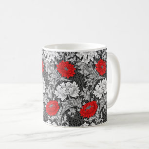William Morris Chrysanthemums, Grey and Red Coffee Mug