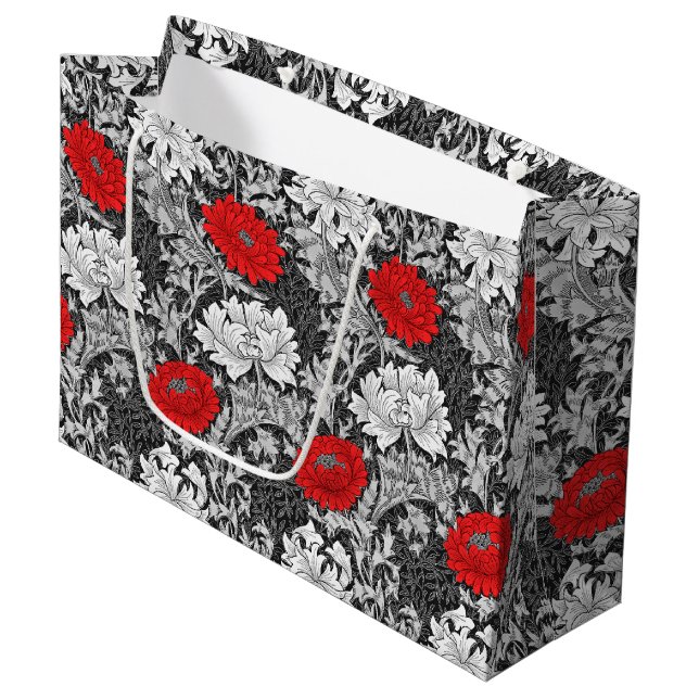 William Morris Chrysanthemums, Grey and Red Large Gift Bag (Front Angled)