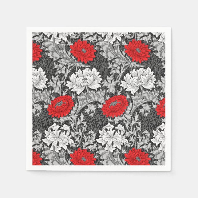William Morris Chrysanthemums, Grey and Red Napkin (Front)