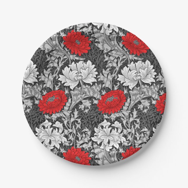 William Morris Chrysanthemums, Grey and Red Paper Plate (Front)