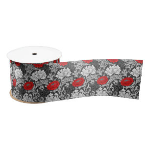 William Morris Chrysanthemums, Grey and Red Satin Ribbon
